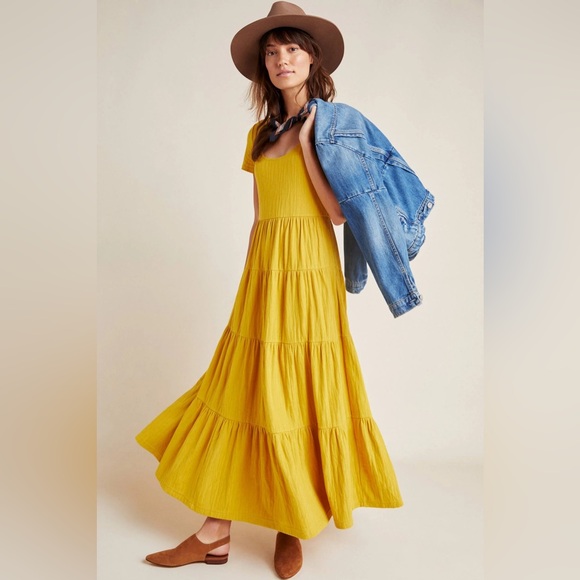 Maeve Anthropologie Mustard Yellow Gillian Tiered Maxi Dress sz S milkmaid - Picture 1 of 10